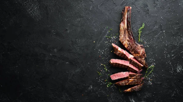 Grilled Steak Bone Sliced Herbs Spices Wooden Background Barbecue Top — Stock Photo, Image