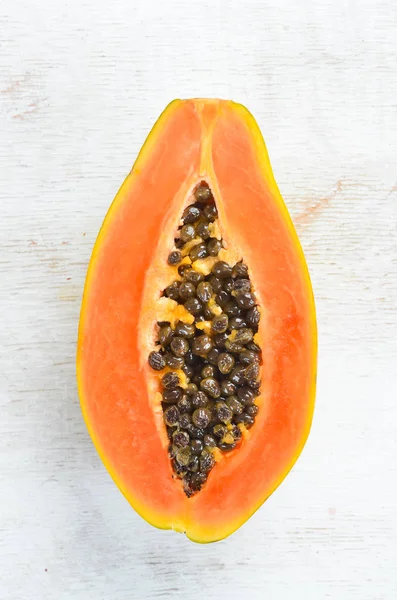 Sweet Ripe Fresh Papaya White Wooden Background Top View Free — Stock Photo, Image