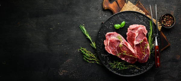 Syrové Marinené Maso Black Angus Steak Ribeye Staršího Stolu Pohled — Stock fotografie