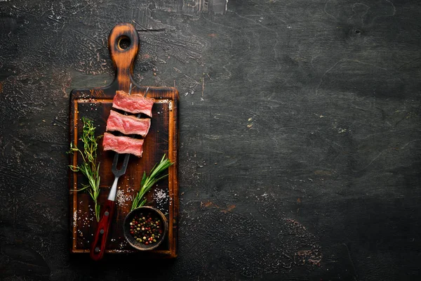 Juicy Steak Fork Herbs Spices Top View Free Space Your — Stock Photo, Image