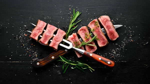 Juicy Steak Knife Top View Free Space Your Text — Stock Photo, Image