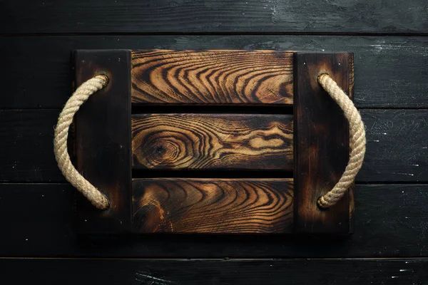 Old Wooden Kitchen Board Black Background Top View Free Space — Stock Photo, Image