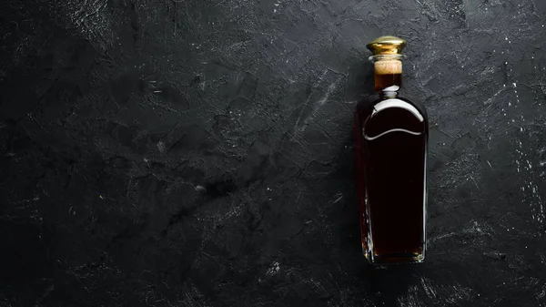 Bottle Cognac Black Background Top View Free Space Your Text — Stock Photo, Image