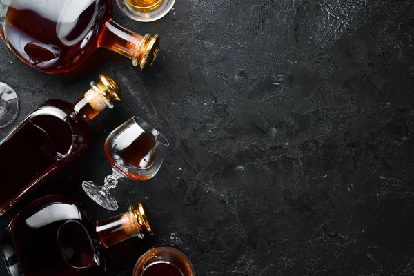 Bottle Cognac Glasses Black Background Brandy Top View Free Space — Stock Photo, Image