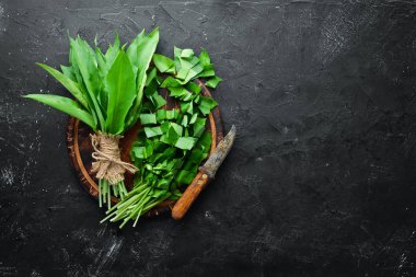 Siyah arka planda taze yabani sarımsak yaprakları. Yabani pırasa. Üst te. Metniniz için boş alan.