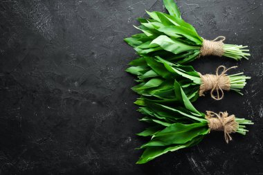 Siyah arka planda taze yabani sarımsak yaprakları. Yabani pırasa. Üst te. Metniniz için boş alan.