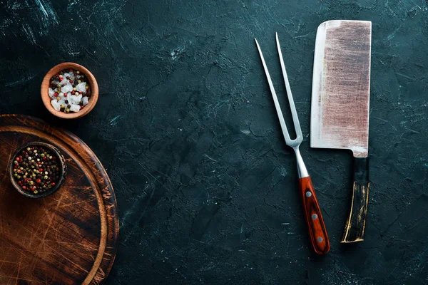 Old Kitchen Knife Wooden Boards Black Background Top View Free — Stock Photo, Image