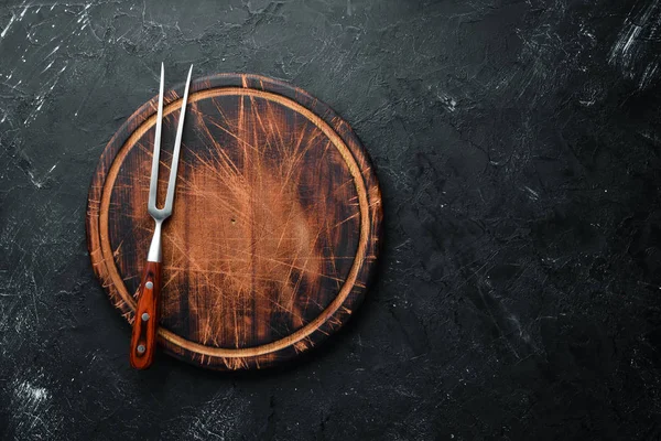 Tenedor Para Carne Sobre Fondo Negro Vista Superior Espacio Libre — Foto de Stock