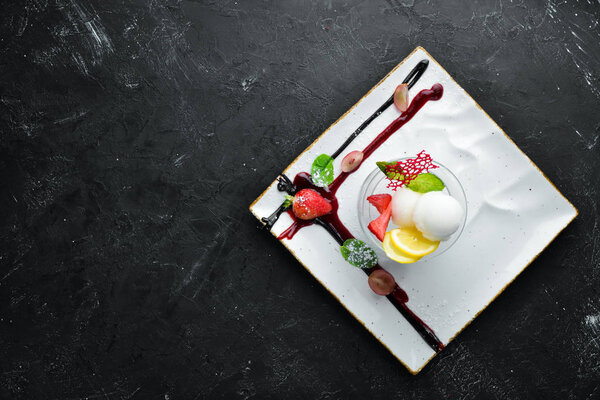 Dessert, Sorbet with strawberries. Top view. Free space for your text.