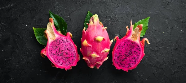 Red Pitahaya Black Background Fruit Dragon Tropical Fruits Top View — Stock Photo, Image