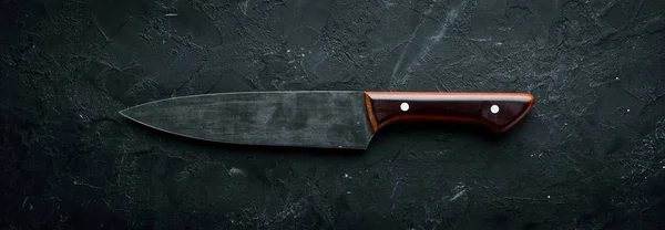 Siyah Taş Bir Masanın Üzerinde Mutfak Eski Bıçak Üst Metniniz — Stok fotoğraf