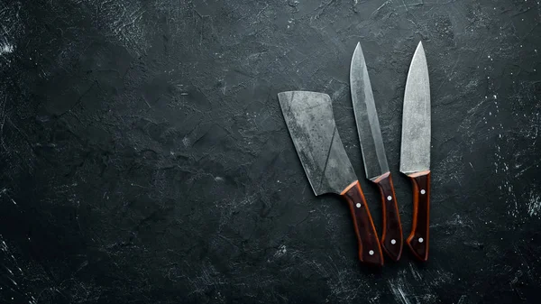 Kuchyňský Nůž Černém Kamenném Stole Pohled Shora Volné Místo Pro — Stock fotografie