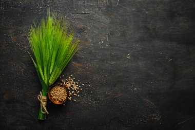 Yeşil Çavdar taş bir masada. Üst te. Metniniz için boş alan.