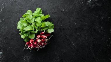 Siyah taş arka planda taze turp. Kırmızı turp üst görünümü.