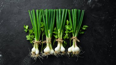 Siyah taş arka planda taze yeşil soğan. Taze sebzeler. Üst görünüm. Metin için boş alan.