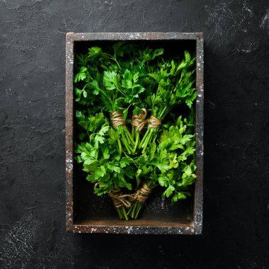 Siyah taş arka planda yeşil maydanoz. Üst görünüm. Metniniz için boş alan.