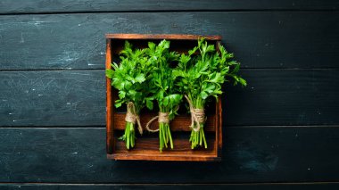 Tahta bir arka plan da taze maydanoz. Üst te. Metniniz için boş alan.