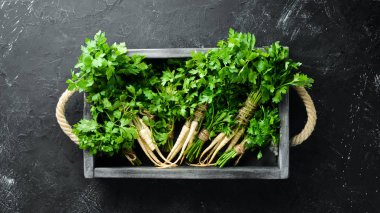 Kök maydanoz ve maydanoz siyah bir arka plan üzerinde. Üst te. Metniniz için boş alan.