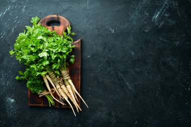 Kök maydanoz ve maydanoz siyah bir arka plan üzerinde. Üst te. Metniniz için boş alan.