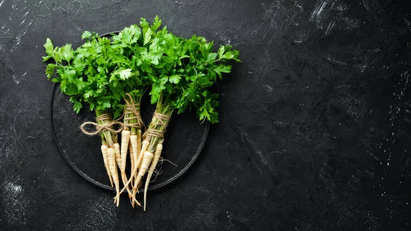 Root parsley and parsley on a black background. Top view. Free space for your text.