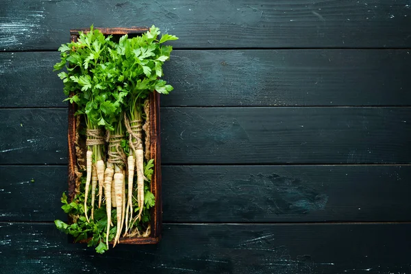 Root Petrezselyem Fából Készült Háttér Felülnézet Szabad Hely Szövegnek — Stock Fotó