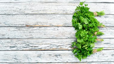 Beyaz bir arka planda maydanoz. Üst görünüm. Metniniz için boş alan.