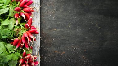 Tahta bir masada taze turp. Taze sebzeler. Üst te. Metin için boş alan.