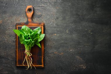 Kahverengi bir arka plan üzerinde taze ıspanak. Sağlıklı yiyecekler. Üst te. Metniniz için boş alan.