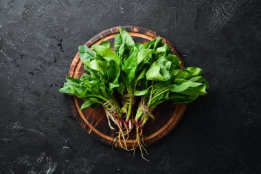 Siyah taş bir masada taze yeşil ıspanak. Üst te. Metniniz için boş alan.