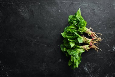 Siyah taş bir masada taze yeşil ıspanak. Üst te. Metniniz için boş alan.