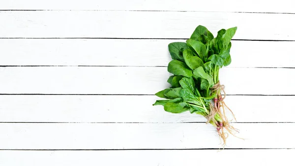 Fresh Spinach White Background Healthy Food Top View Free Space — Stock Photo, Image