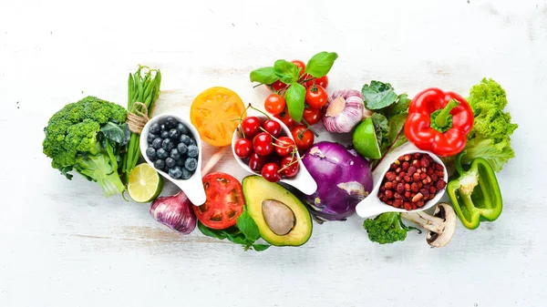 Fruits Légumes Frais Sur Fond Bois Blanc Vue Dessus Espace — Photo