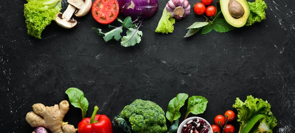 Gran Juego Alimentos Orgánicos Verduras Frutas Frescas Vista Superior Espacio —  Fotos de Stock