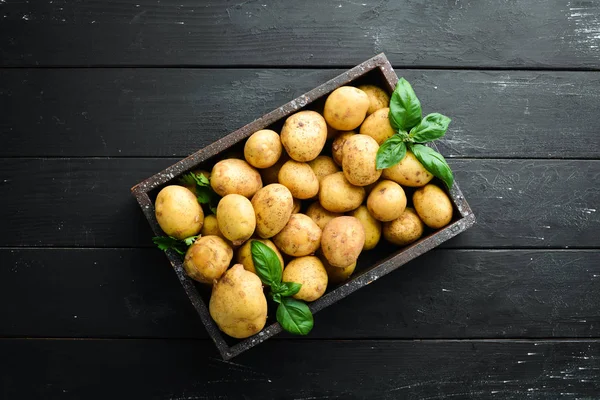 Batatas Frescas Caixa Comida Orgânica Vista Superior Espaço Livre Para — Fotografia de Stock