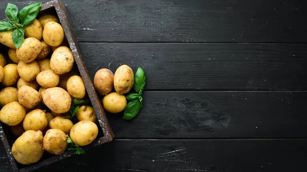 Batatas Frescas Caixa Comida Orgânica Vista Superior Espaço Livre Para — Fotografia de Stock