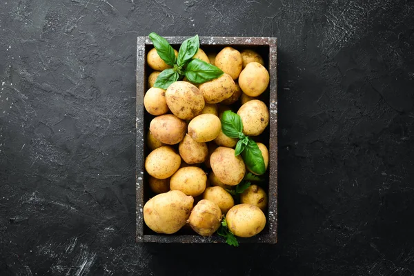 Papas Frescas Caja Comida Ecológica Vista Superior Espacio Libre Para — Foto de Stock