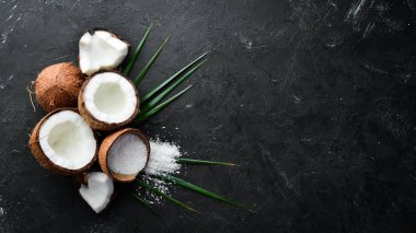 Hindistan cevizi palmiye yaprakları ile siyah bir taş arka plan üzerinde. Tropikal Meyveler. Somun. Üst te. Metniniz için boş alan.