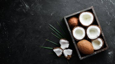 Hindistan cevizi palmiye yaprakları ile siyah bir taş arka plan üzerinde. Tropikal Meyveler. Somun. Üst te. Metniniz için boş alan.