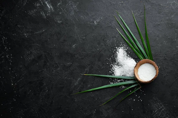 Coconut Palm Leaves Black Stone Background Tropical Fruits Nut Top — Stock Photo, Image