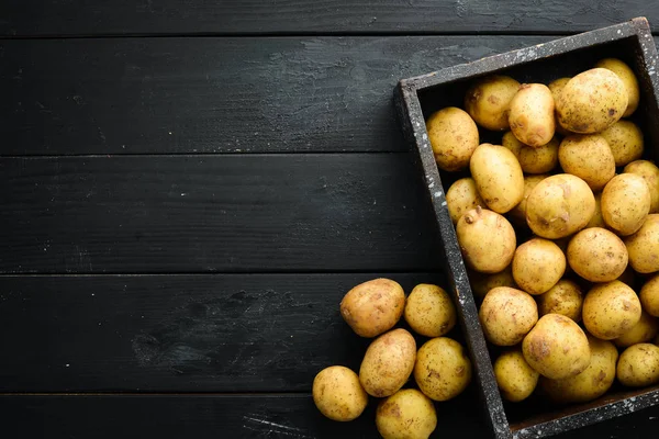 Batatas Frescas Caixa Comida Orgânica Vista Superior Espaço Livre Para — Fotografia de Stock