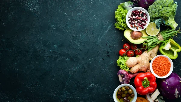 Comida Orgânica Legumes Frutas Frescas Vista Superior Espaço Livre Para — Fotografia de Stock