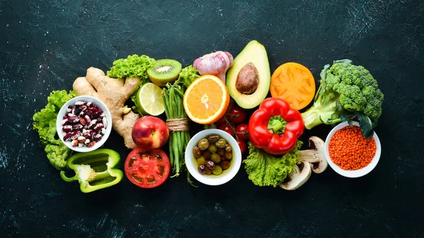 Comida Orgânica Legumes Frutas Frescas Vista Superior Espaço Livre Para — Fotografia de Stock