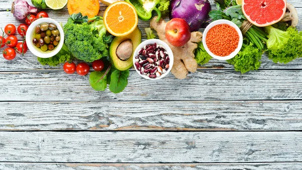 Zdravé Organické Potraviny Čerstvé Ovoce Zelenina Pohled Shora Volné Místo — Stock fotografie