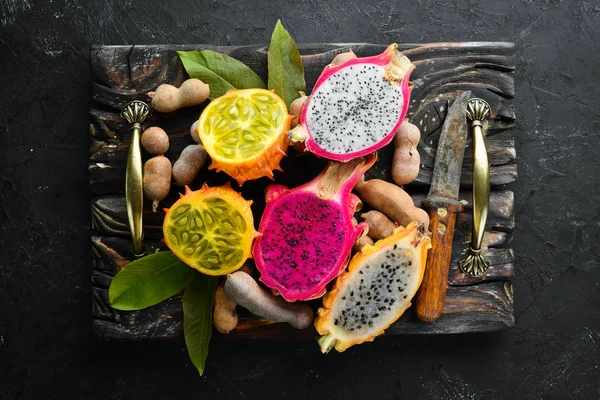 Kiwano Dragon Fruit Tropisch Fruit Bovenaanzicht Vrije Ruimte Voor Tekst — Stockfoto