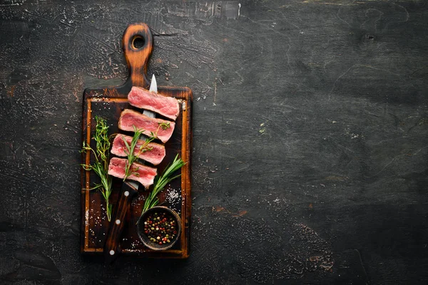 Lédús Steak Kést Felülnézet Szabad Hely Szövegnek — Stock Fotó