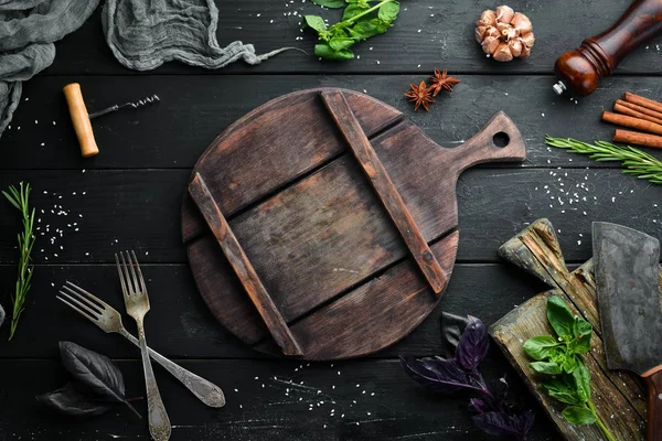 Fondo Cocina Sobre Fondo Madera Negro Vista Superior Espacio Libre — Foto de Stock