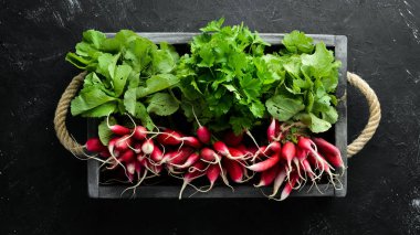 Tahta bir kutuda kırmızı turp. Taze sebzeler. Üstte görüntü.