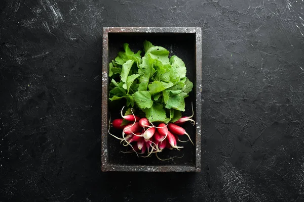 Rábano Rojo Una Caja Madera Verduras Frescas Vista Superior — Foto de Stock