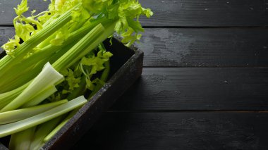 Siyah bir arka plan üzerinde taze yeşil kereviz sapı. Sağlıklı yiyecekler. Üst te. Metniniz için boş alan.