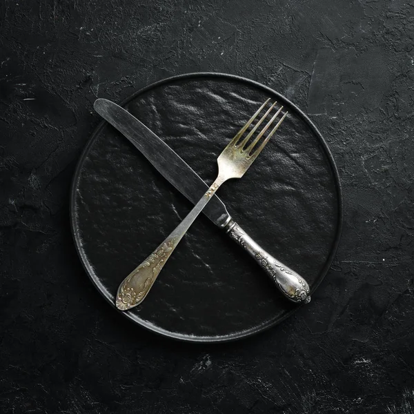 Old Cutlery Black Background Top View Free Space Your Text — Stock Photo, Image